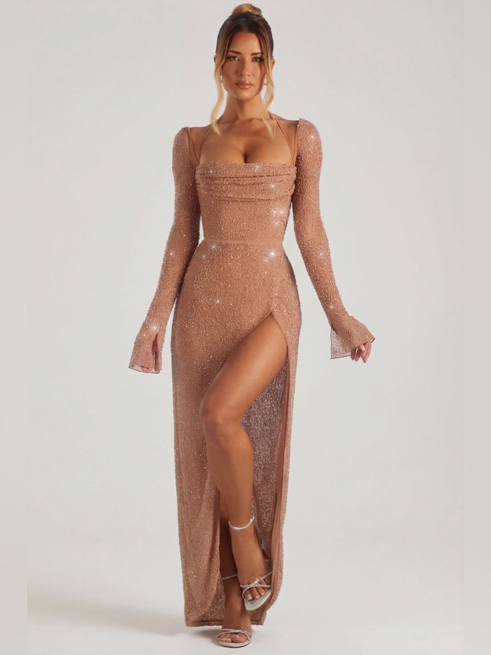 Champel Embellished Cowl Neck Maxi Dress in Nude